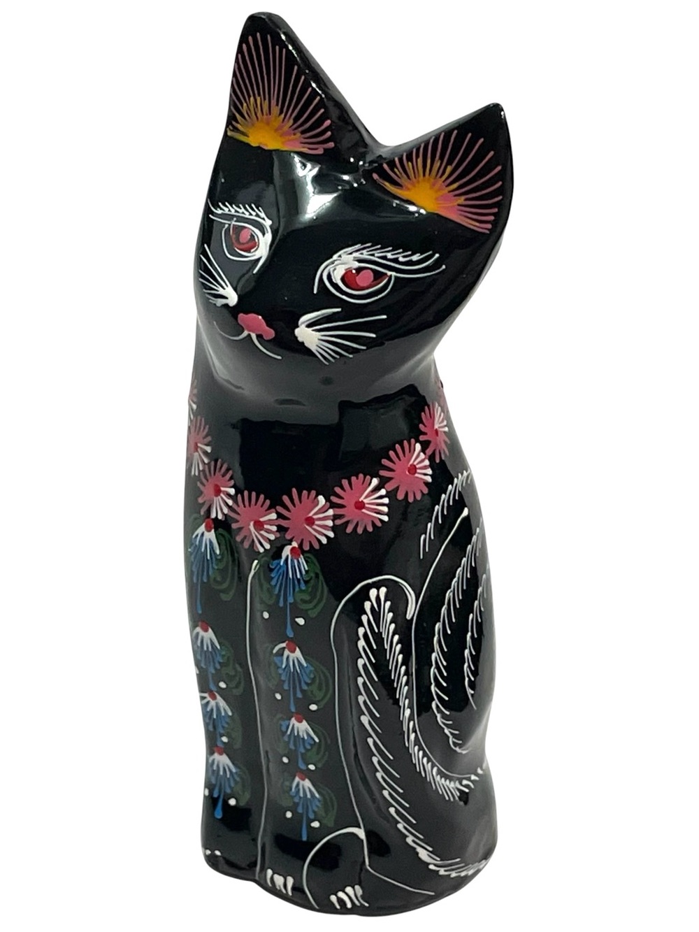 Vintage 1980s Miniature Lacquered Wooden Cat Figurine - Colorful Hand Painted